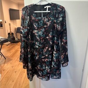 Floral Black & Teal Long-Sleeve Shift Dress